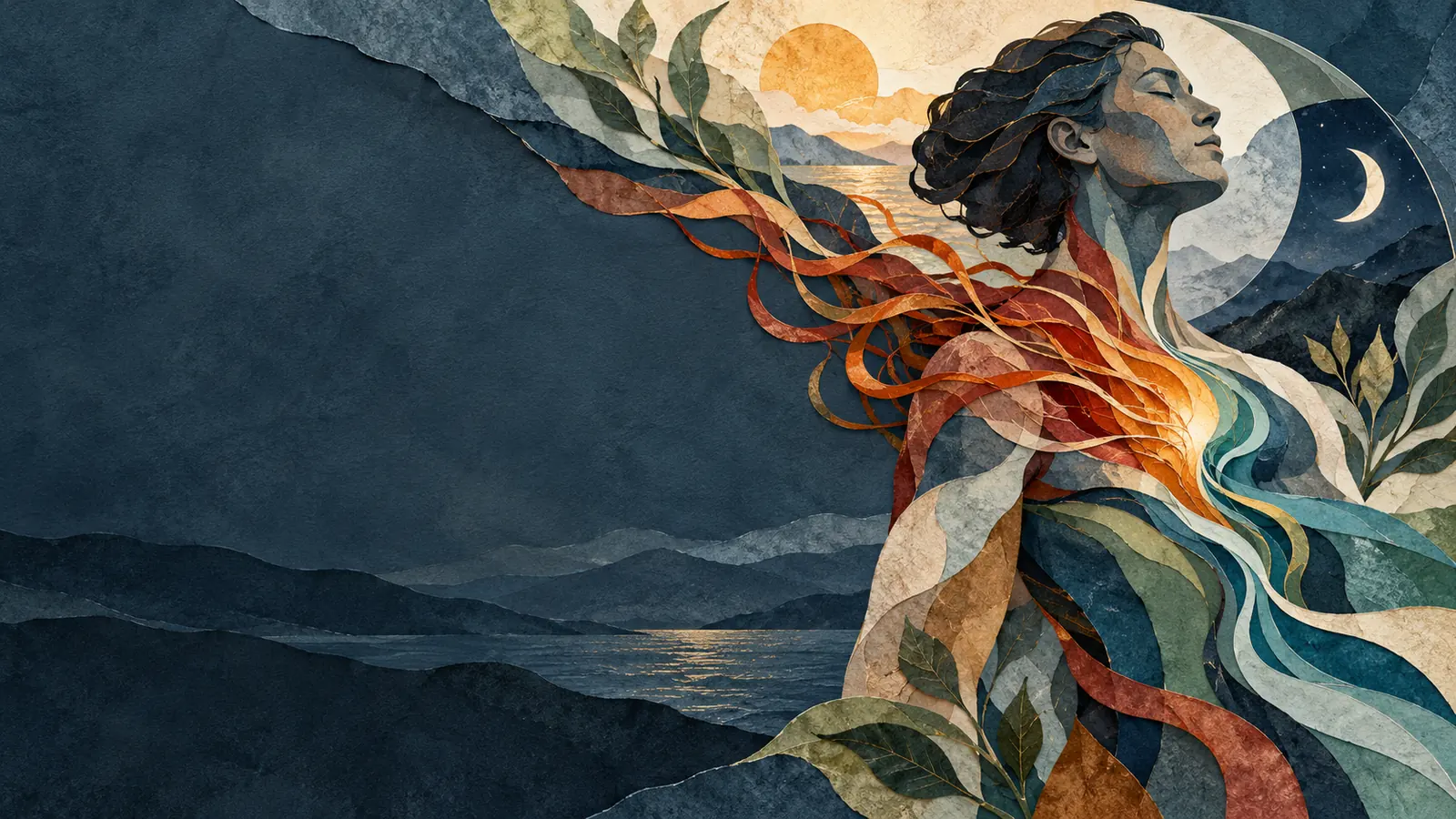 Layered cut-paper illustration of warm stress lines settling into calm blue and green forms around a person